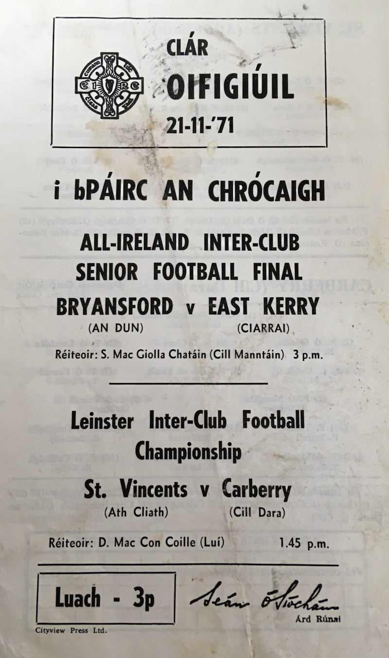 The programme for the 1971 All-Ireland Club Championship final between Bryansford and East Kerry 