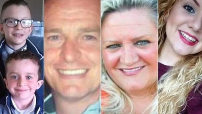 The Buncrana pier victims, from left, Mark McGrotty (12) and Evan McGrotty (8), Sean McGrotty (49), Ruth Daniels (57), and Jodie Lee Daniels (14) 