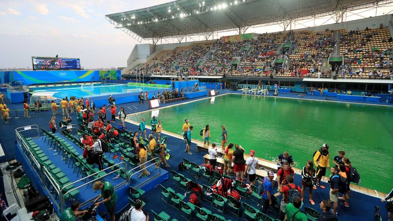 The diving pool at the Maria Lenk Aquatics Centre turned green because of harmless 'algae'