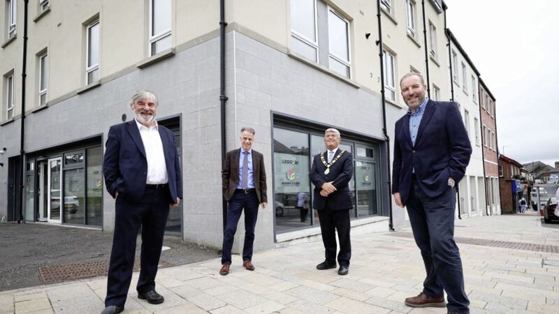 L-R: Dr Norman Apsley, LEDCOM; Michael McDonnell, Choice Housing Ireland; Cllr Billy Webb, Mayor of Antrim and Newtownabbey; and Ken Nelson, LEDCOM. 