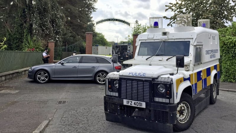 Police and army bomb disposal experts at Shandon Park Golf Club in east Belfast after a suspect device was found under a car in the car park in June 2019. Picture by David Young/PA Wire. 