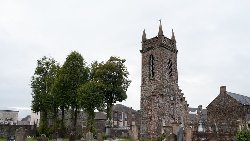 <b>PARISH CHURCH:</b> The surviving tower of the former parish church at Church Street in Ballymena, the town whose name comes from An Baile Me&aacute;nach, the middle townland
