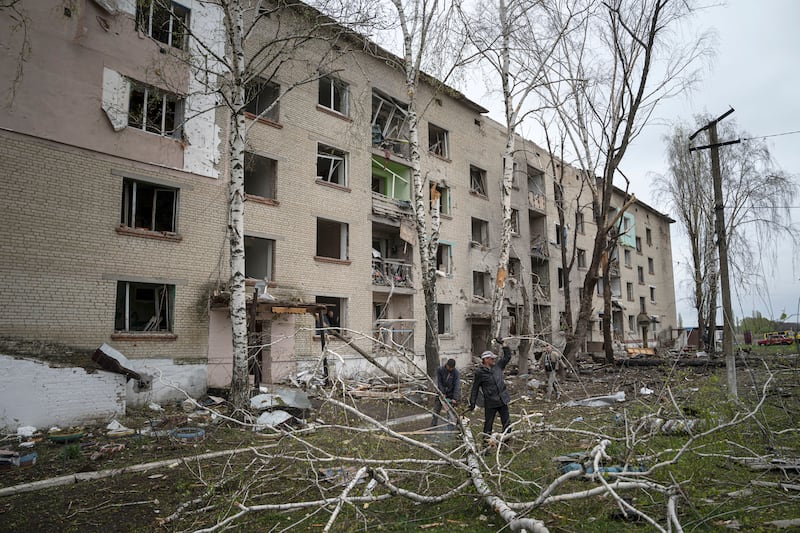A residential building in Lukiantsi in the Kharkiv region of Ukraine which was heavily damaged by a Russian air strike (Evgeniy Maloletka/AP)