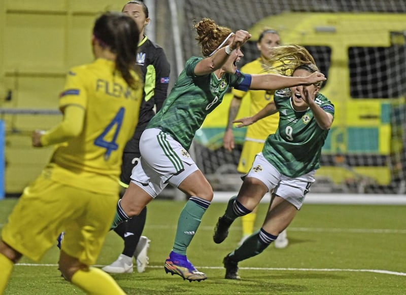 West Belfast native Marissa Callaghan celebrates her goal and Northern Ireland&#39;s first of the night in their successful Euro 2022 qualification bid against Ukraine 