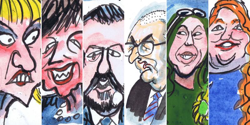 (left to right) Martina Anderson, Diane Dodds, Colum Eastwood, Danny Kennedy, Claire Bailey and Naomi Long as drawn by Irish News cartoonist Ian Knox