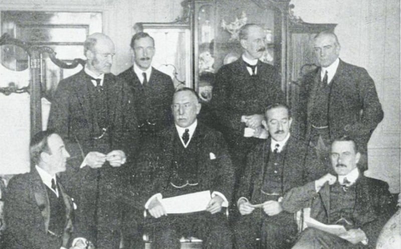 Ulster Unionist leader James Craig, centre, and members of his cabinet in London in November 1921 while the Treaty negotiations were taking place 