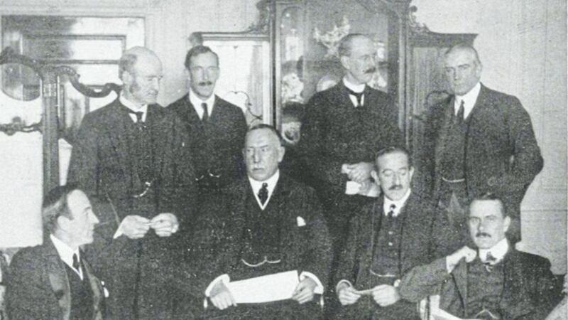 Ulster Unionist leader James Craig, centre, and members of his cabinet in London in November 1921 while the Treaty negotiations were taking place 