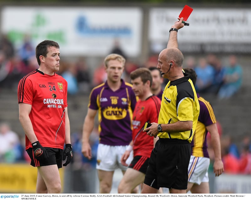 Down's Conor Garvey is given his marching orders during Saturday's Qualifier defeat to Wexford<br />Picture: Sportsfile&nbsp;