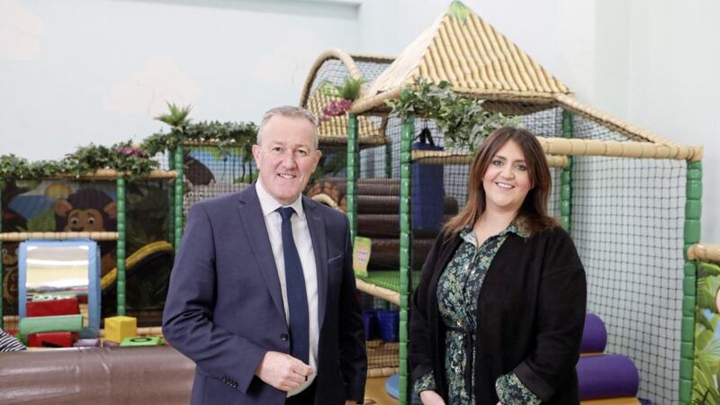 Finance Minister Conor Murphy with Catherine McClelland from Roar and Explore soft play. Picture by Matt Mackey 