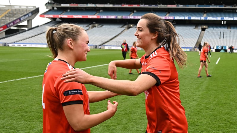 Aimee Mackin of Armagh (right) celebrates with team-mate Louise Kenny after their side's victory in the Lidl Ladies Football National League Division Two final match between Armagh and Laois at Croke Park in Dublin. 