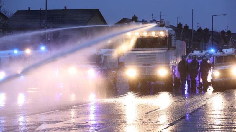 &nbsp;The PSNI use a water cannon on the Springfield road, during further unrest in Belfast. Picture date: Thursday April 8, 2021.