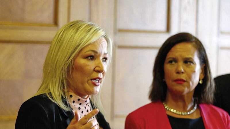 Sinn F&eacute;in leaders Michelle O'Neill and Mary Lou McDonald address a press conference in Stormont. Picture by Mal McCann