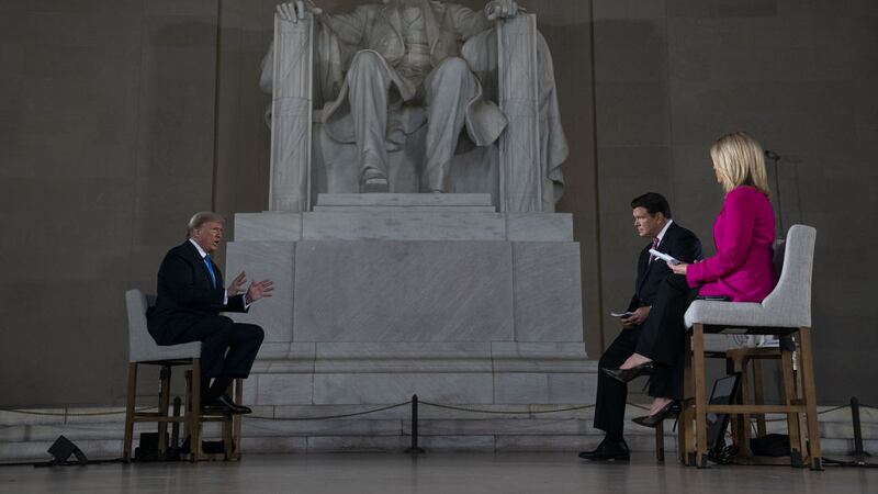 President Donald Trump speaks during a Fox News virtual town hall from the Lincoln Memorial, Sunday, May 3, 2020, in Washington.<br />(AP Photo/Evan Vucci)&nbsp;