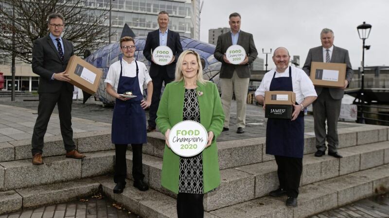 FOOD FOR THOUGHT: Launching the Food Champions awards are, from left, John Brolly (Irish News marketing manager), Aaron McNeice (head chef at Hadski&rsquo;s), Cathal Geoghegan (managing director of Henderson Foodservice), Christine Cousins (Food NI), Mark Stewart-Maunder (Henderson Foodservice), restaurateur Niall McKenna (owner and head chef of James Street Group) and Gary McDonald (Irish News business editor) Picture: Hugh Russell 