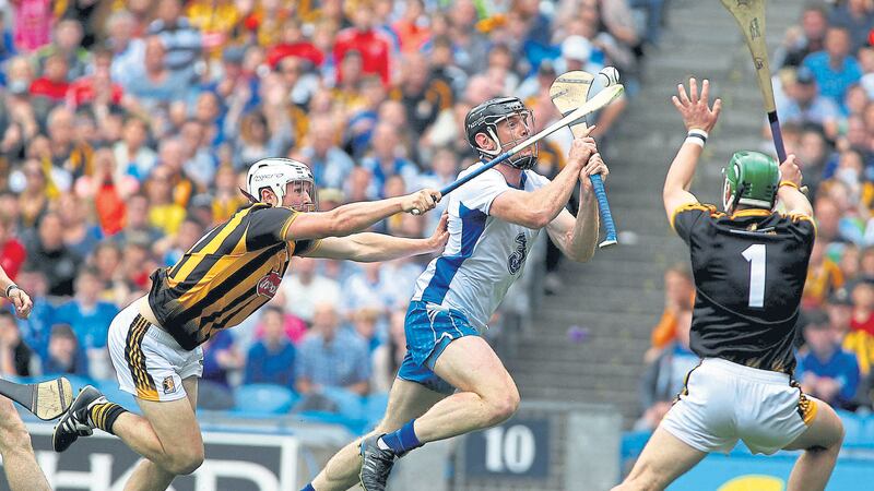 Waterford&rsquo;s Kevin Moran comes under pressure from Kilkenny&rsquo;s Padraig Walsh and goalkeeper Eoin Murphy during the All-Ireland Senior Hurling Championship semi-final.&nbsp;Picture by Seamus Loughran
