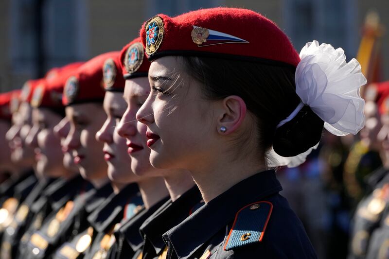 Russia’s Emergency Situations Ministry female cadets attend the Victory Day military parade (AP Photo/Dmitri Lovetsky)
