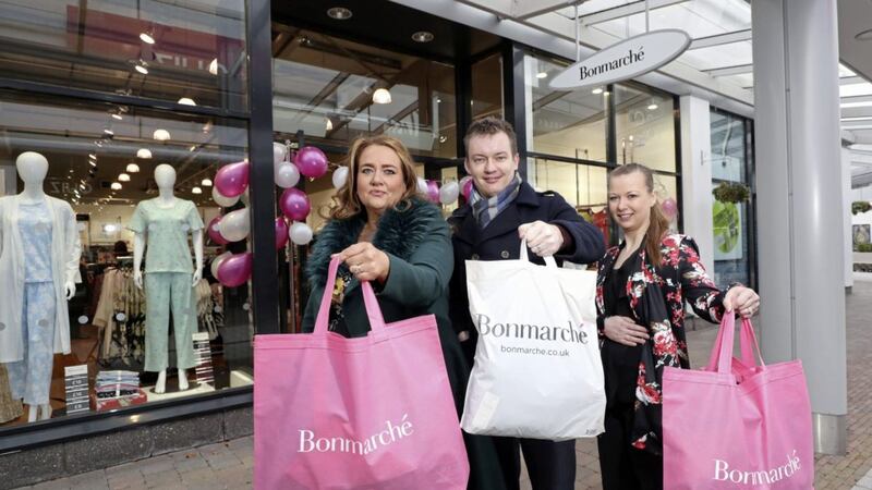 Leona Barr, centre manager, The Junction; Craig Stewart, The Lotus Group and Jana Hussey, store manager, outside the new Bonmarch&eacute; store at The Junction 