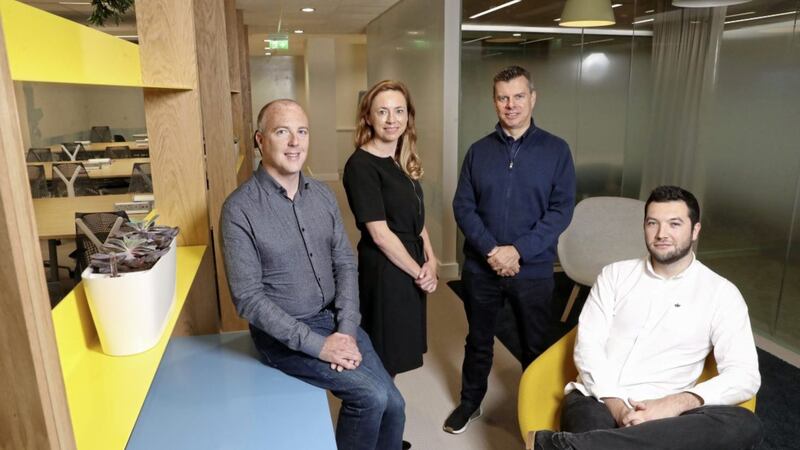 Pictured at the new Catalyst Belfast Fintech Hub in Danske Bank are: Conor Houston from Finmondo; Vicky Davies, managing director of strategy and corporate development at Danske Bank; Steve Orr, director of Connect at Catalyst Inc and Conor Logue from Finmondo. 