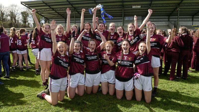 20 April 2018; The jubilant Loreto, Cavan squad which won the All-Ireland Junior A final (to add to the Senior A final last week): (from left: back row) Lorna O&#39;Reilly, Aine Reilly, Muireann Smith, Aisling MacManus, Elaine Brady, Darcey Beck, Niamh Brady, Aisling Walls, and Ally Cahill (front row from left): Ciara Boylan, Niamh McCorry, Hannah Smith, Olivia Murphy, Ciara Kellegher and Katie Briody. The Loreto ladies footballers defeated ISK, Killorgin, Kerry in the final at St Rynagh&#39;s in Banagher, Co. Offaly. Picture: Matt Browne/Sportsfile 