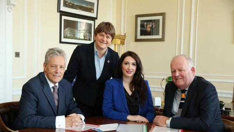 Emma Pengelly (seated) with DUP leader Peter Robinson, Arlene Foster and Jimmy Spratt on the day she was co-opted into Mr Spratt's South Belfast assembly seat<br /> 