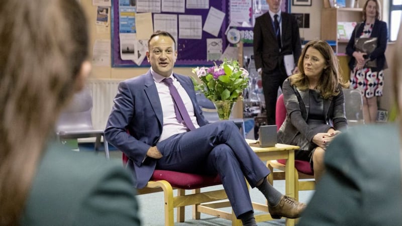Taoiseach Leo Varadkar speaks with students at Newbridge Integrated College in Loughbrickland, Co Down 