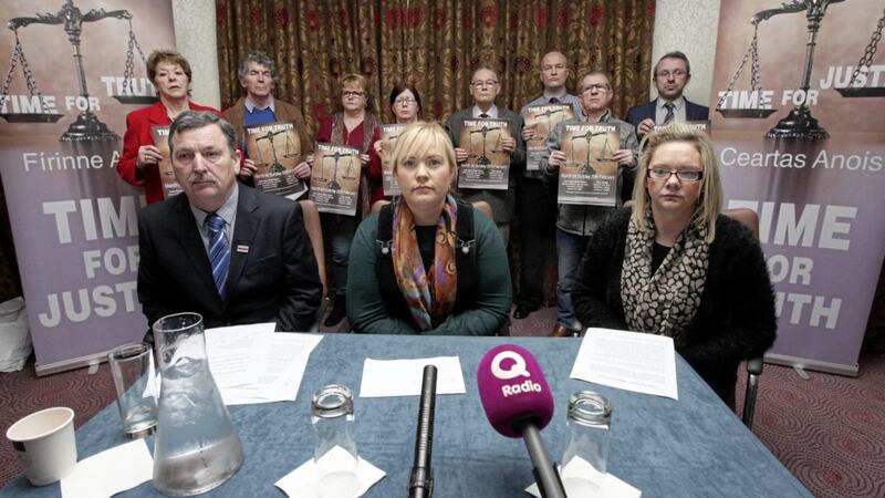 Families of Troubles victims, Emma Rogan, John Teggart and Lisa McNally at the launch of the Time for Truth march. Picture by Ann McManus. 