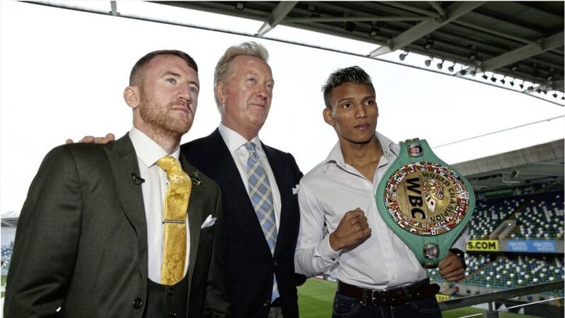 Promoter Frank Warren with Paddy Barnes and WBC World flyweight champion Cristofer Rosales at Windsor Park yesterday. Picture by Hugh Russell 