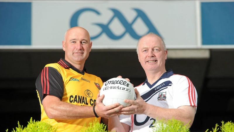 Former Down footballer Conor Deegan (left) with former Cork fotballer Larry Tompkins at the launch of the oneills.com Kilmacud Crokes All-Ireland Football Sevens tournament in Croke Park &nbsp;