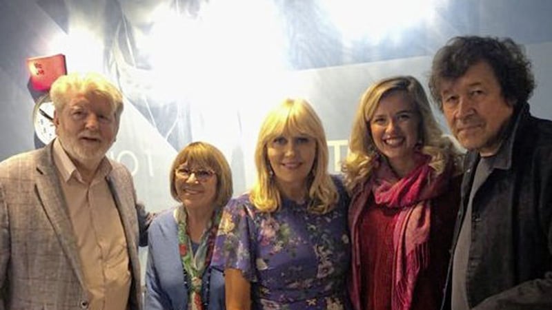 Actor Stephen Rea, right, with presenter Miriam O&#39;Callaghan, centre, Belfast playwrights Marie Jones and Martin Lynch, and folk singer Sara Ryan 
