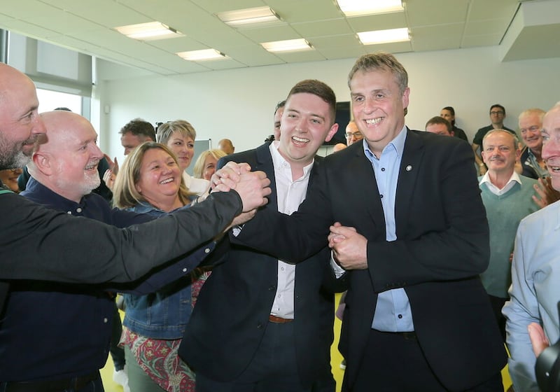 Sinn Féin's Paul Boggs and Fergal Leonard are newly elected to Sperrin District during the count for Derry City and Strabane at the Foyle Arena  Picture: Margaret McLaughlin