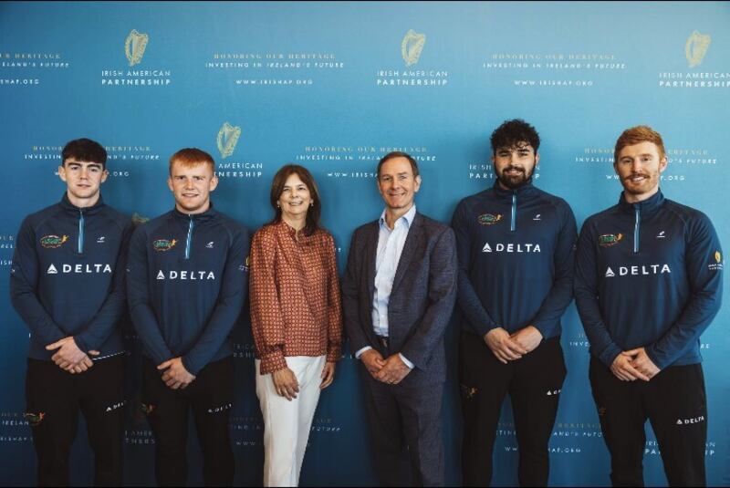 Pictured: Noah Byrne (Dublin) Ross Bolger (Laois) Mary Sugrue (Irish American Partnership) Charlie Schewe, (Delta Airlines) Ronan Patterson, (Cavan) Tadhg Leader, (Founder)