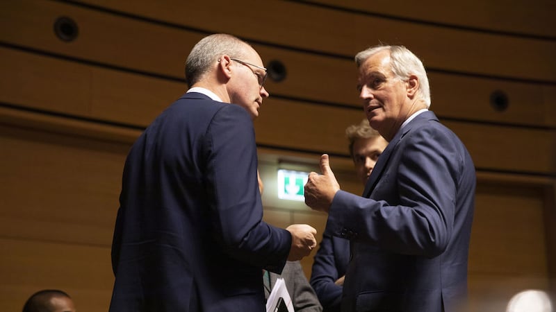 European Union chief Brexit negotiator Michel Barnier (right) speaks with T&aacute;naiste Simon Coveney during a meeting of EU General Affairs ministers, Article 50, at the European Convention Center in Luxembourg today&nbsp;