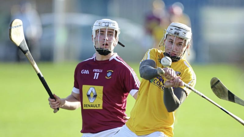 Antrim&#39;s Nicky McKeague with Westmeath&#39;s Killian Doyle in last year&#39;s encounter. Doyle is absent from the Westmeath squad this year Picture: Cliff Donaldson. 