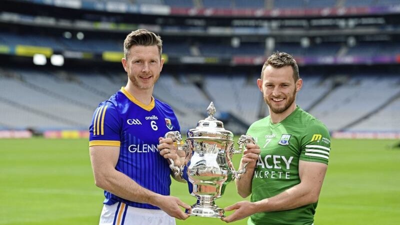 Mickey Quinn of Longford, left, and Declan McCusker of Fermanagh during the Tailteann Cup launch at Croke Park. Fermanagh captain McCusker and star forward Sean Quigley are both injury worries for Erne boss Kieran Donnelly ahead of Saturday evening&#39;s trip to Glennon Brothers Pearse Park Picture: Ramsey Cardy/Sportsfile 