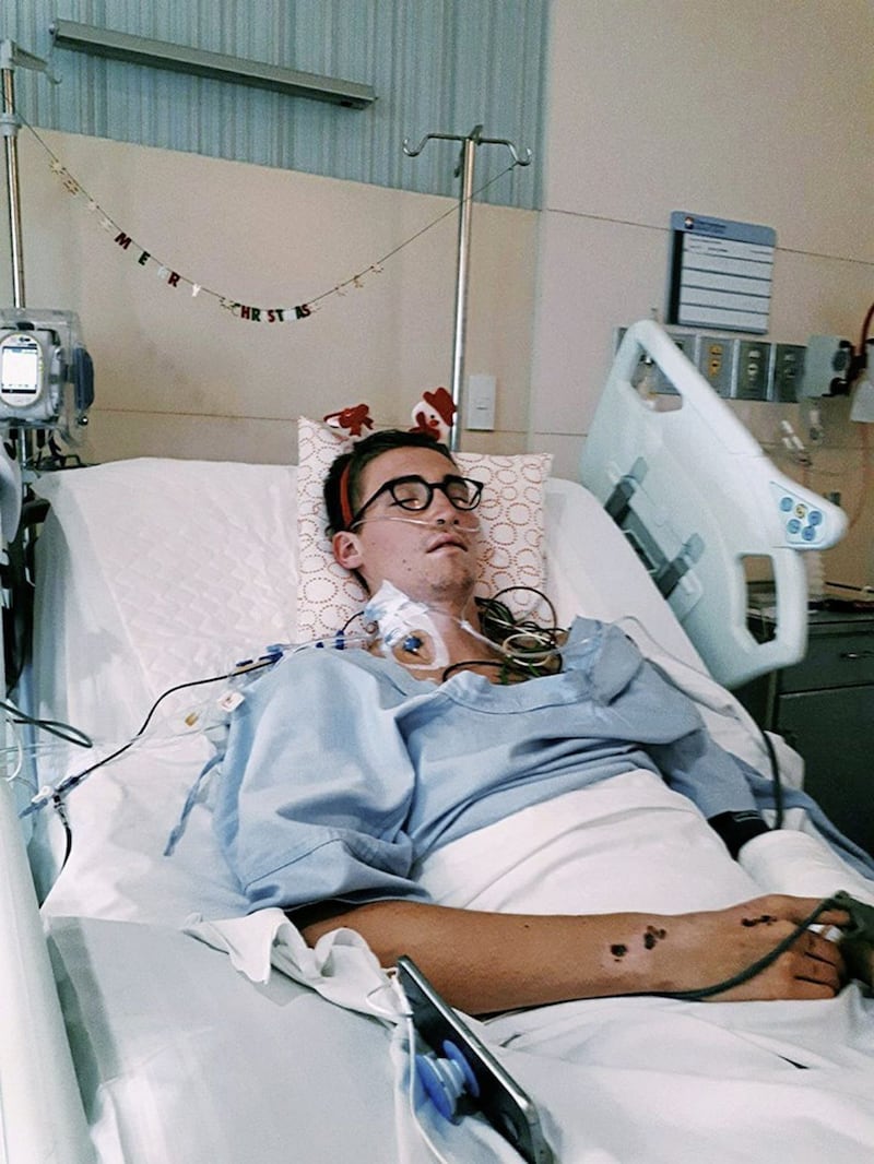 Ross Davidson pictured in hospital in Bangkok following a scooter accident which resulted in him having to undergo an amputation 