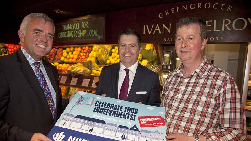 Enterprise Minister Jonathan Bell, NIIRTA&#39;s Glyn Roberts and Ballyhackamore greengrocer Ivan McIlroy launch Independents Day 