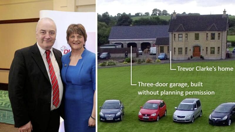 DUP MLA Trevor Clarke with party leader Arlene Foster, and right, Mr Clarke&#39;s home outside Randalstown 