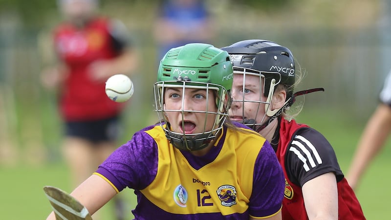 Wexford’s Kate Kirwan takes possession ahead of Down’s Rhea Smyth during Saturday’s All-Ireland Senior Camogie Championship relegation semi-final in Liatroim. Picture by Louis McNally
