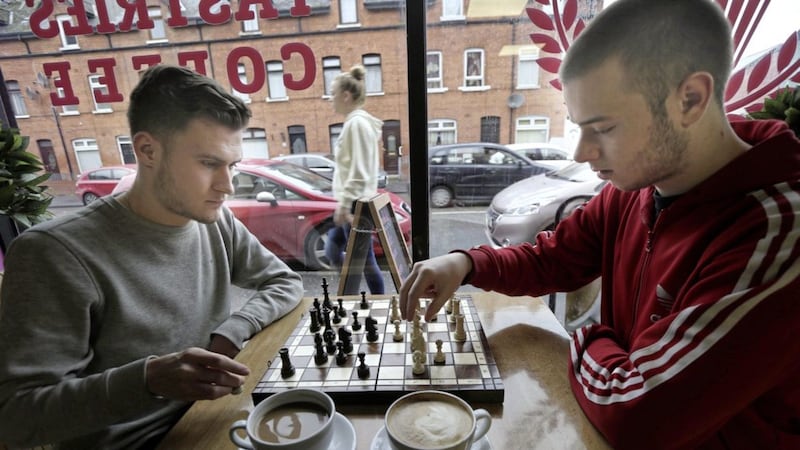 Aidan Garner (left) and Craig Robinson have teamed up to set up the West Belfast Chess Club. Picture by Hugh Russell 