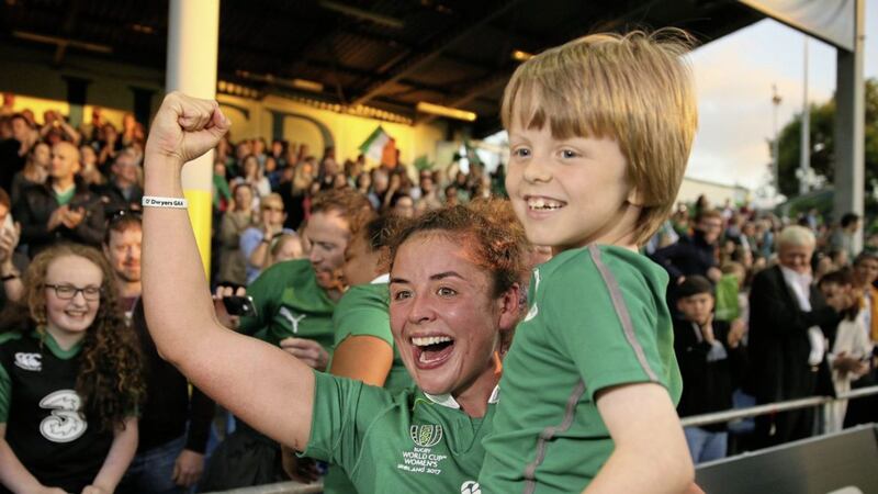 Ireland&#39;s Larissa Muldoon celebrates with her cousin Bobby McCrory, 7, after the 2017 Women&#39;s Rugby World Cup, Pool C match against Australia at the UCD Bowl, Dublin 