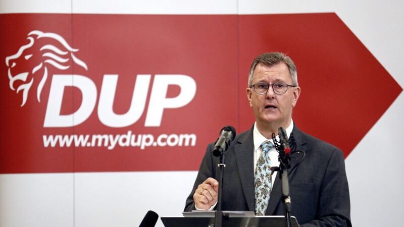 DUP leader Jeffrey Donaldson delivers his keynote speech on the Northern Ireland Protocol to senior party members at the La Mon hotel in east Belfast. Photo: Peter Morrison/PA Wire. 
