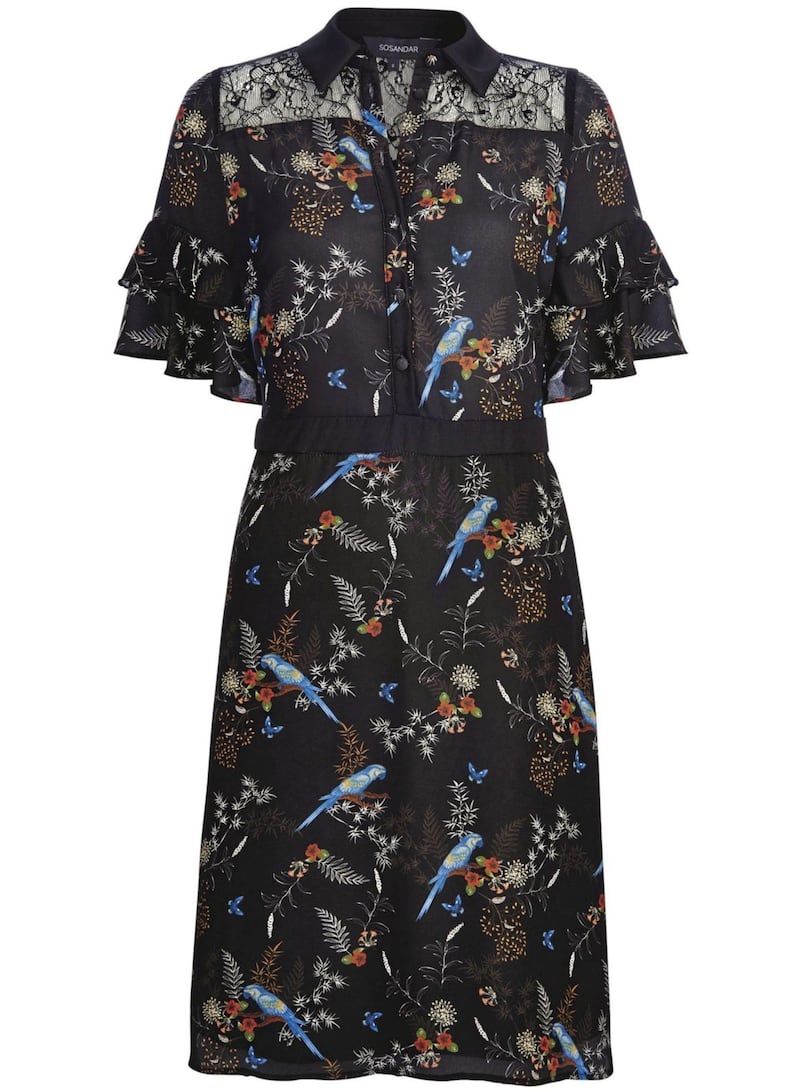 Sosandar Black Parrot Print Lace Detail Dress, &pound;69