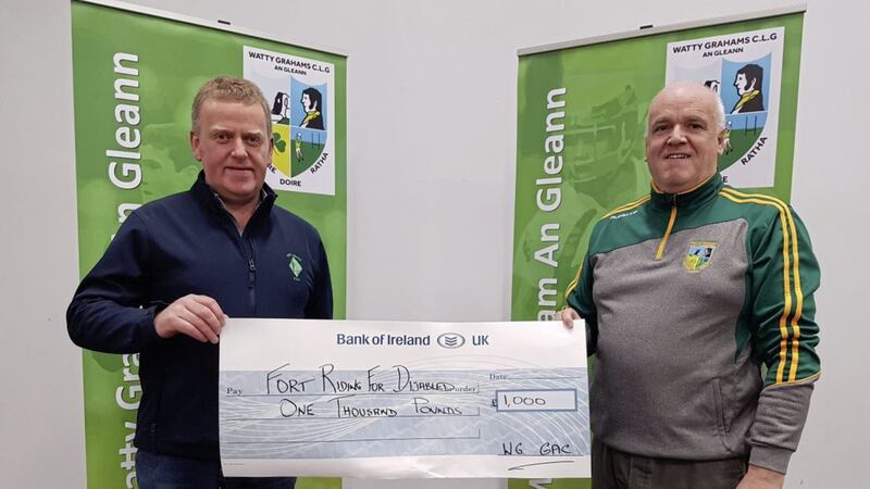 The Fort Centre, Maghera were the designated charity at the recent highly successful Watty Graham&#39;s 75th Anniversary gala dinner. Glen chairperson Se&aacute;n Keane is pictured presenting a &pound;1,000 cheque to centre representative Se&aacute;n McKenna 