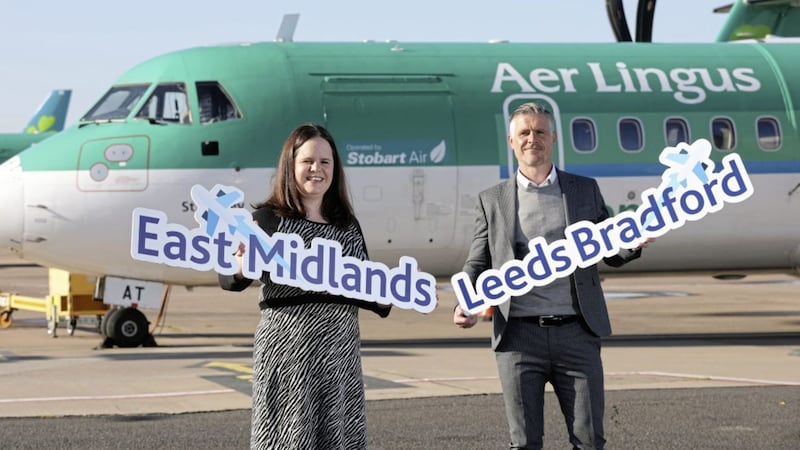 Ellie McGimpsey, aviation development manager at George Best Belfast City Airport, is joined by Ciaran Doherty, stakeholder liaison manager at Tourism Ireland, in launching inaugural Aer Lingus Regional flights from Belfast City to East Midlands and Leeds Bradford. Picture: Darren Kidd/PressEye 