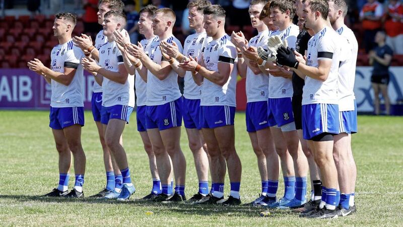 The Monaghan senior players join the minute&#39;s mark of respect for U20 captain Brendan Og Duffy who tragically died in a car collision on Friday night, just hours after helping the Farney men into the provincial decider Picture: Philip Walsh. 