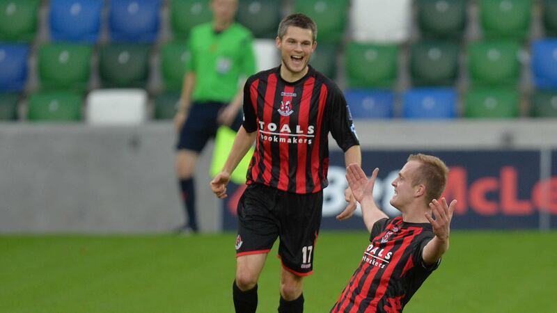 CRUES CONTROL: Crusaders striker Jordan Owens celebrates after his goal in Saturday&rsquo;s 1-0 win over Linfield at Windsor Park