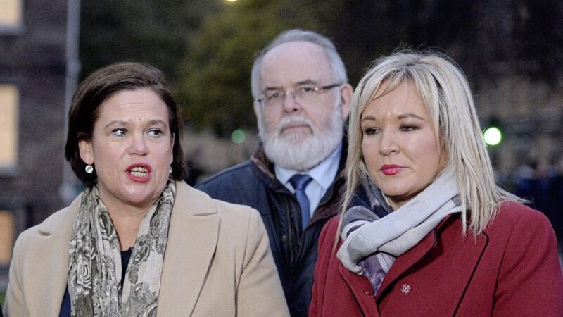 Sinn F&eacute;in MP Francie Molloy, centre, with party leader Mary Lou McDonald and deputy leader Michelle O&#39;Neill. Picture by Kirsty O&#39;Connor/PA 