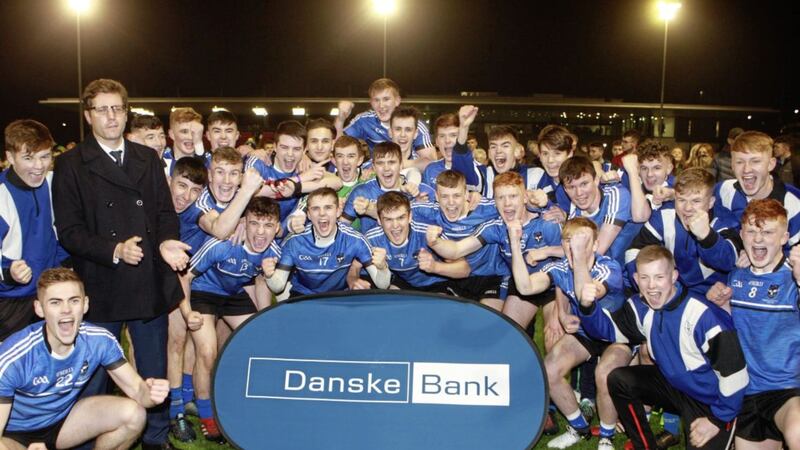 St Patrick&rsquo;s, Maghera players hail their victory over An Dun in the 2017 Mageean Cup final at the Dub in Belfast 