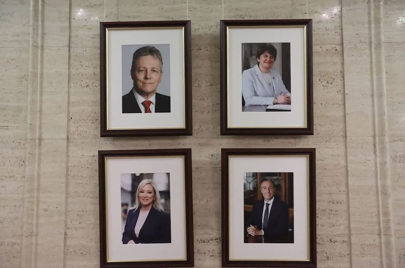 &nbsp;Newly placed portraits of Peter Robinson, Arlene Foster, Michelle O'Neill and Paul Given at Parliament Buildings at Stormont, Belfast, following the historic result at the weekend with Sinn Fein overtaking the DUP to become the first nationalist or republican party to emerge top at Stormont. Picture date: Monday May 9, 2022.