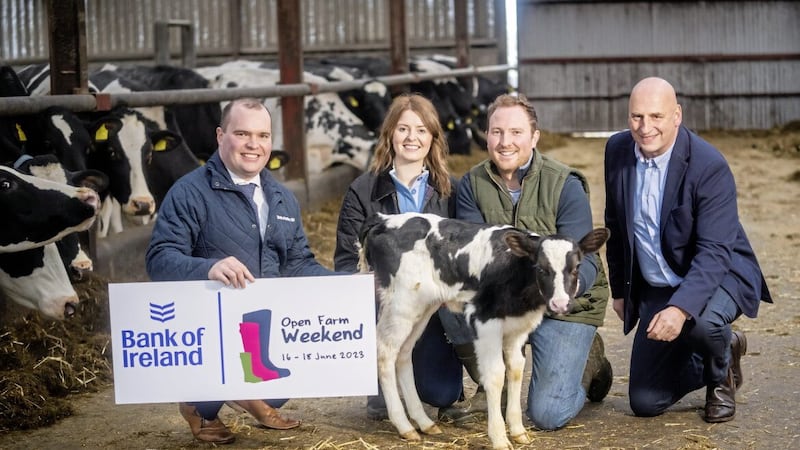 Pictured on Craighall Farm in Antrim are Richard Primrose, agri-business manager for Bank of Ireland; Claire and William Clark; and Ulster Farmers&rsquo; Union deputy president John McLenaghan. Craighall is one of 20 farms participating in this year&rsquo;s Bank of Ireland Open Farm Weekend on June 16-18 